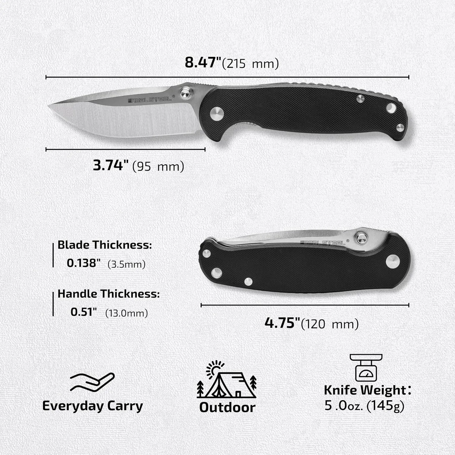 REALSTEEL H6 Blue Sheep Folding Pocket Knife, Liner Lock, 3.74" 14C28N Stonewash Blade, Thumb Stud, G10 Handle, 5oz, Tip-up Pocket Clip, EDC, Gifts, Camping Hiking Hunting(Drop Point Stonewash)
