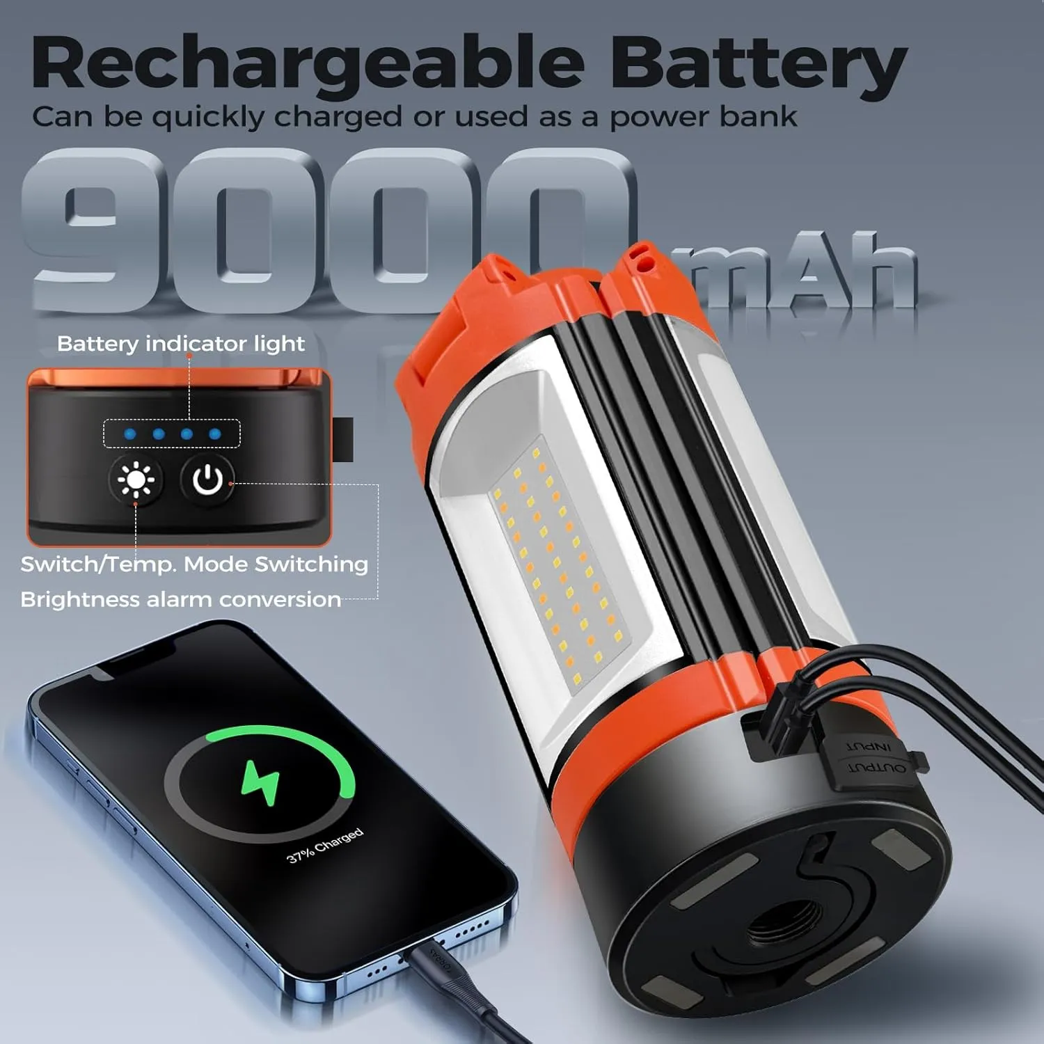 Rechargeable 10000mAh Camping Light, Cordless Work Light with 3 LED Lamp Heads, 2200 Lumens Dimmable Magnetic Emergency Flashlight, Orange