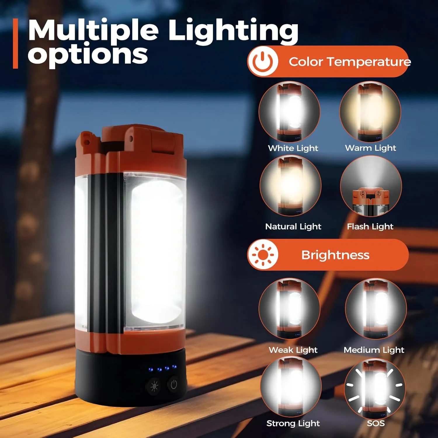 Rechargeable 10000mAh Camping Light, Cordless Work Light with 3 LED Lamp Heads, 2200 Lumens Dimmable Magnetic Emergency Flashlight, Orange