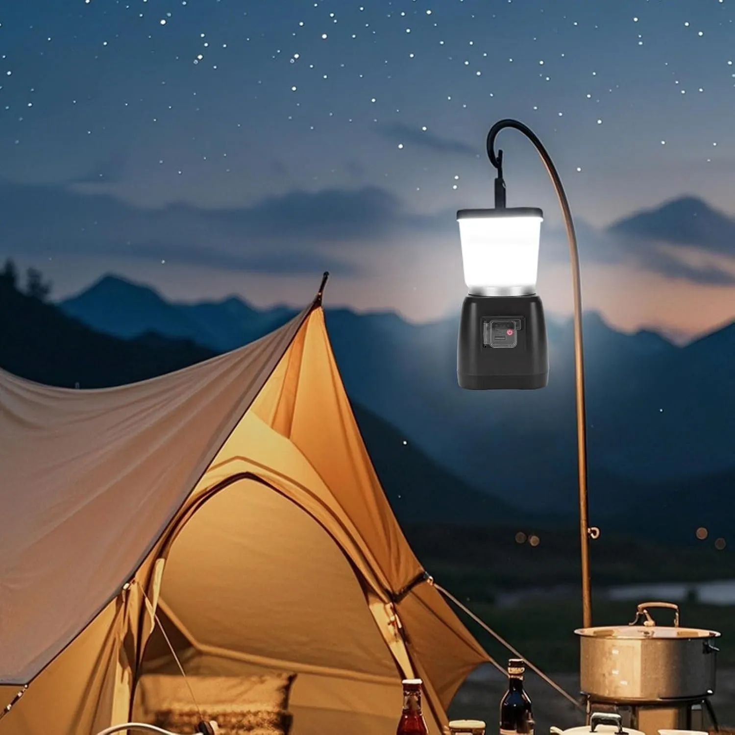 Rechargeable Camping Lantern with Hand Crank Solar Charging, 6000mAh Power Bank, IPX4 Water Proof, Dual Light Modes & Portable Hook for Outdoor Emergencies, Hiking (BLACK)