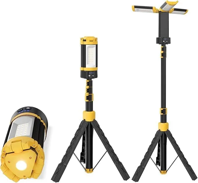 Rechargeable Camping Light with Stand, 83" Tall Portable 3000 Lumens Cordless Work Light with 3 LED Lamps Head & Detachable Tripod, 9AH Battery LED Work Light Dimmable with Travel Bag