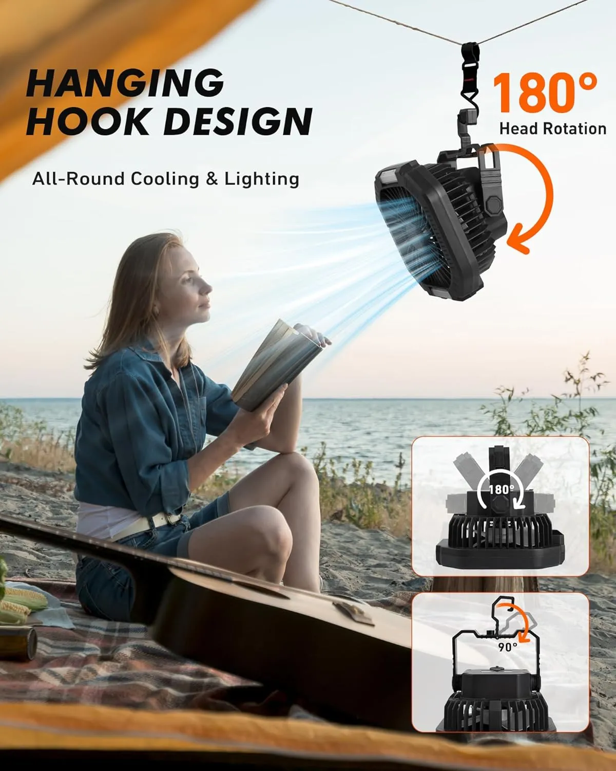 Rechargeable Camping Tent Fan with LED Lantern, 7800mAh Battery Operated Fan with Hang Hook & Remote, Portable Ceiling Tent Fans with Remote for RV Emergency Car Office Hurricane
