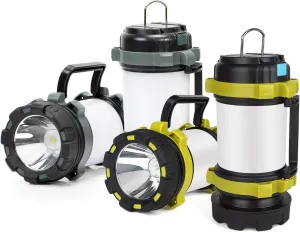 Rechargeable LED Camping Lantern with 6 Modes, High Brightness | 3000mAh Power Bank Light for Hiking | Waterproof Electric Lantern Flashlight Combo - 2PK (Grey/Lime)