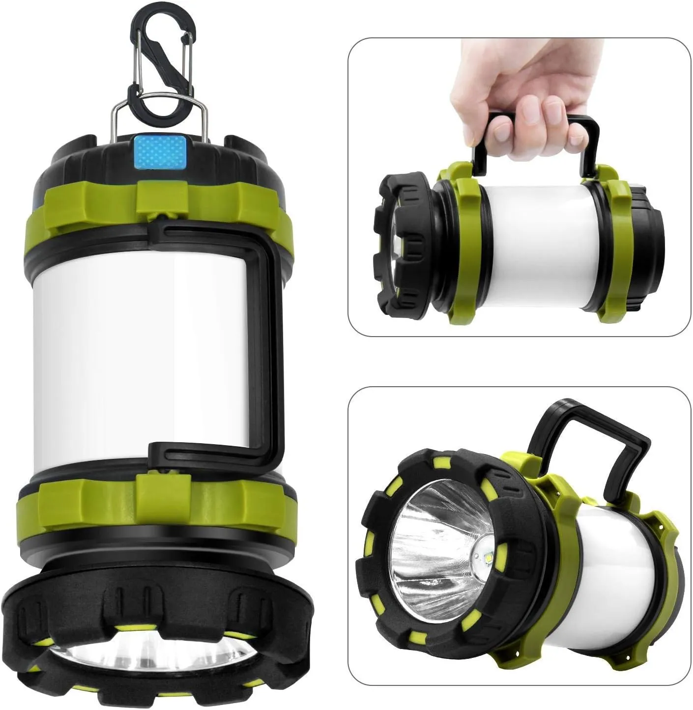 Rechargeable LED Camping Lantern with 6 Modes, High Brightness | 3000mAh Power Bank Light for Hiking | Waterproof Electric Lantern Flashlight Combo - 2PK (Grey/Lime)