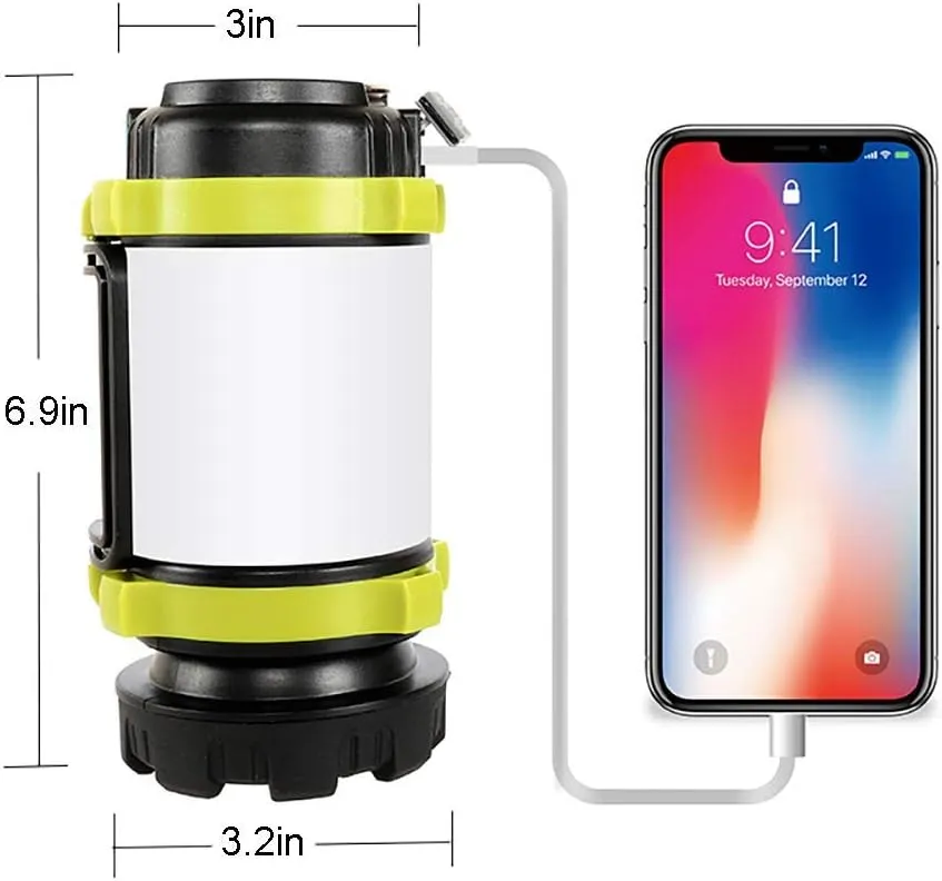 Rechargeable LED Camping Lantern with 6 Modes, High Brightness | 3000mAh Power Bank Light for Hiking | Waterproof Electric Lantern Flashlight Combo - 2PK (Grey/Lime)