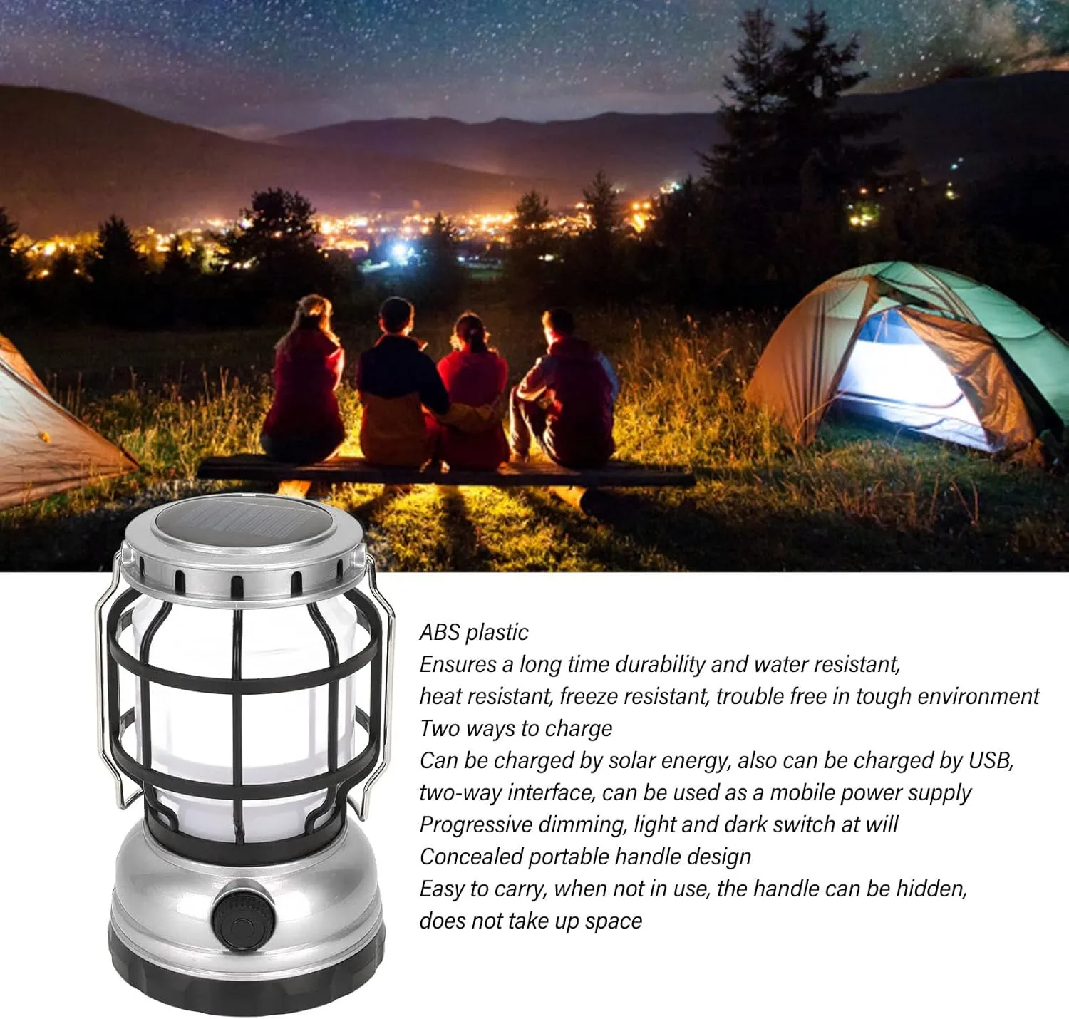 Rechargeable Solar Camping Lantern, Rechargeable Solar Camping Lantern with USB Ports, Gradual Dimming Camping Tent Light, Solar Camping Light for Hiking and Emergencies (C)