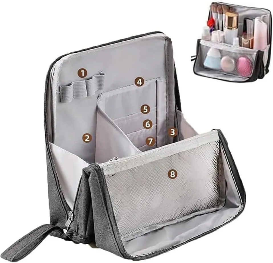 Relevanton Standing Makeup Bag, 2025 New Doresty Standing Makeup Bag Portable, Large Capacity, Multi-purpose Oxford Cloth Standing Makeup Bags with 8 Compartments (Light Blue)