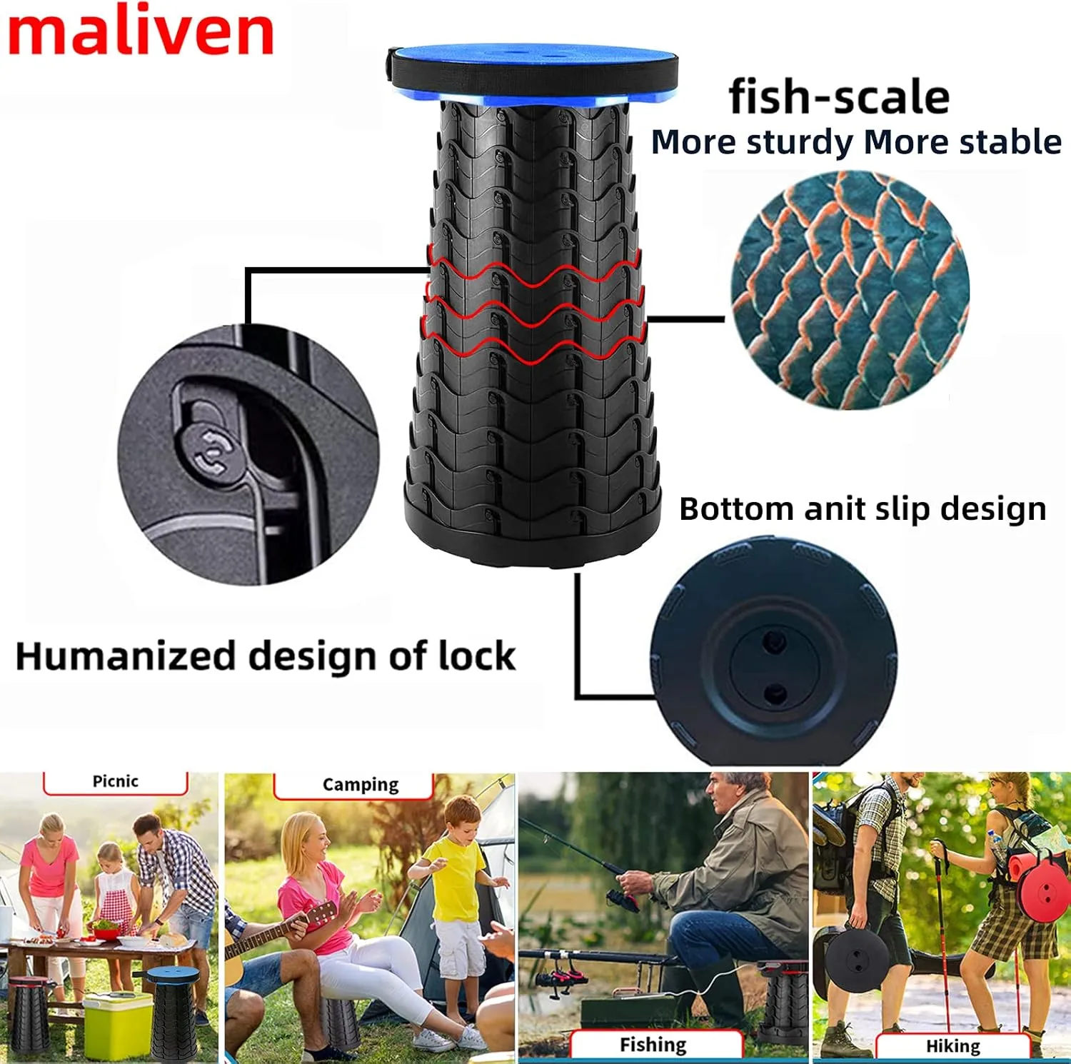 Retractable Folding Stool, Portable Telescoping Stool with Storage Bag Lightweight Sturdy Load Capacity 400lbs, Foldable Camping Stool for Outdoor Fishing Hiking Gardening BBQ