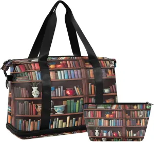 Retro Bookshelf Sports Gym Bag with Waterproof Dry Wet Pocket, Travel Duffel Bag for Women Men，Workout Bag Fits Yoga, Swimming