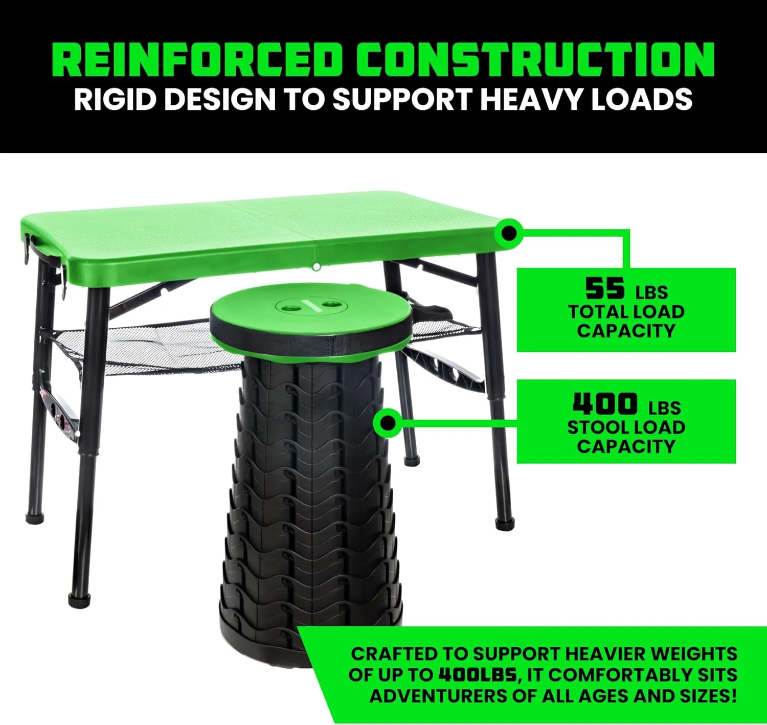 Rhino USA Portable Camping Table and Stool Set - Lightweight Foldable Camp Tables with Net for Beach Trips, Fishing, Picnic, Cooking & Much More (Green)