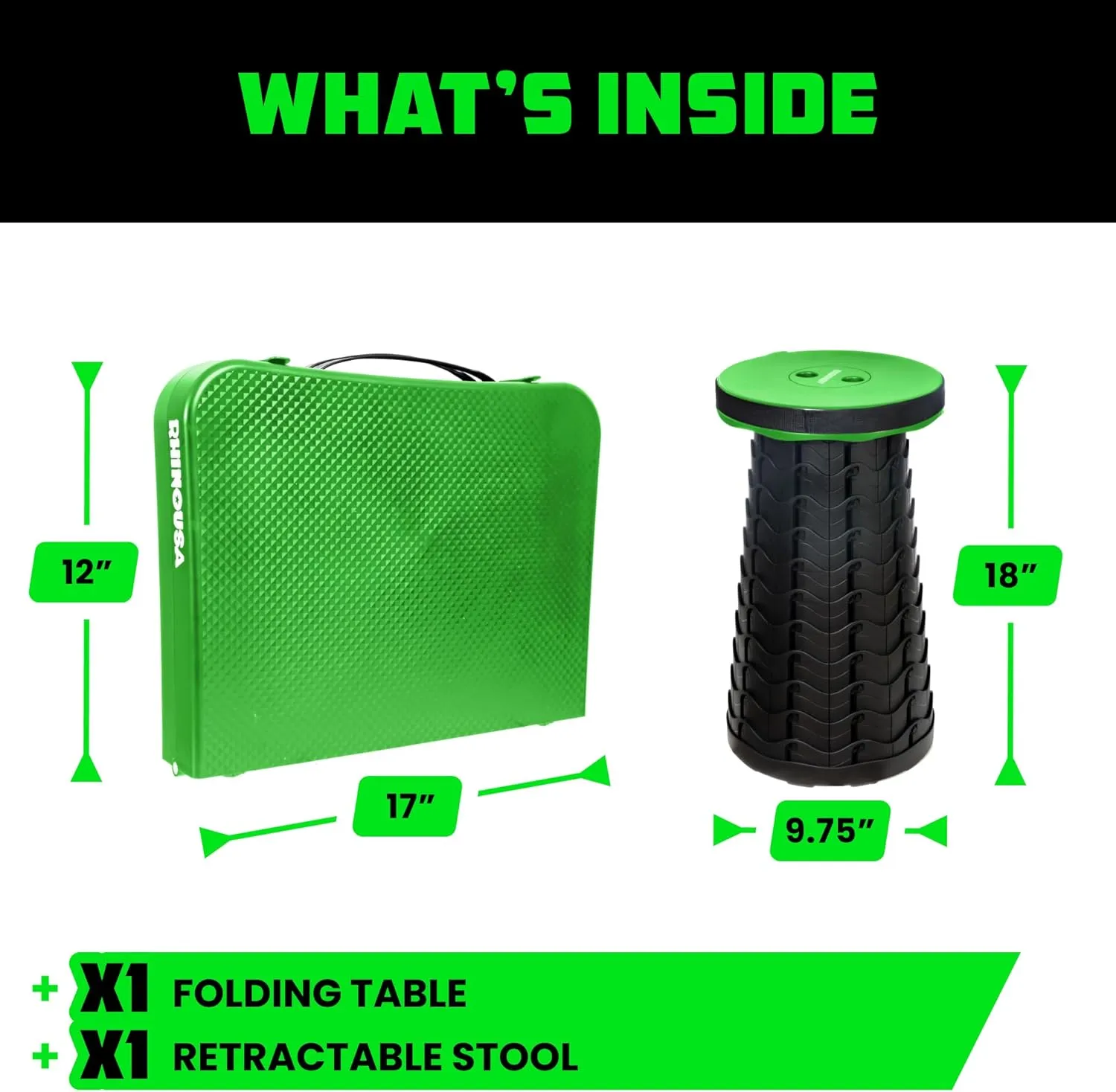 Rhino USA Portable Camping Table and Stool Set - Lightweight Foldable Camp Tables with Net for Beach Trips, Fishing, Picnic, Cooking & Much More (Green)