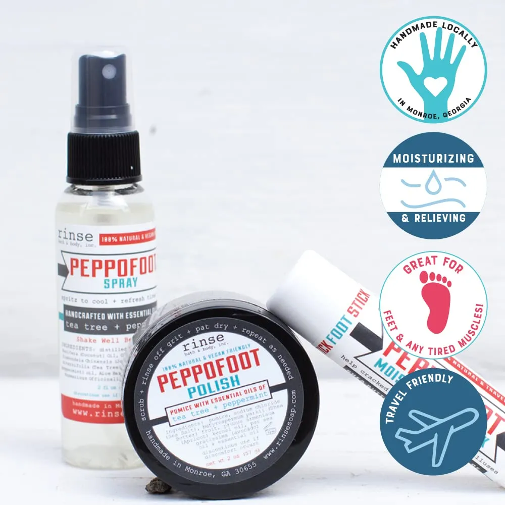 Rinse Bath & Body Peppofoot Home Pedicure Foot Spa Kit - Handmade, Natural Foot Spa Kit | Foot Scrub, Moisturizing Stick and Refreshing Spray | Gluten Free | Non-GMO | Travel Friendly
