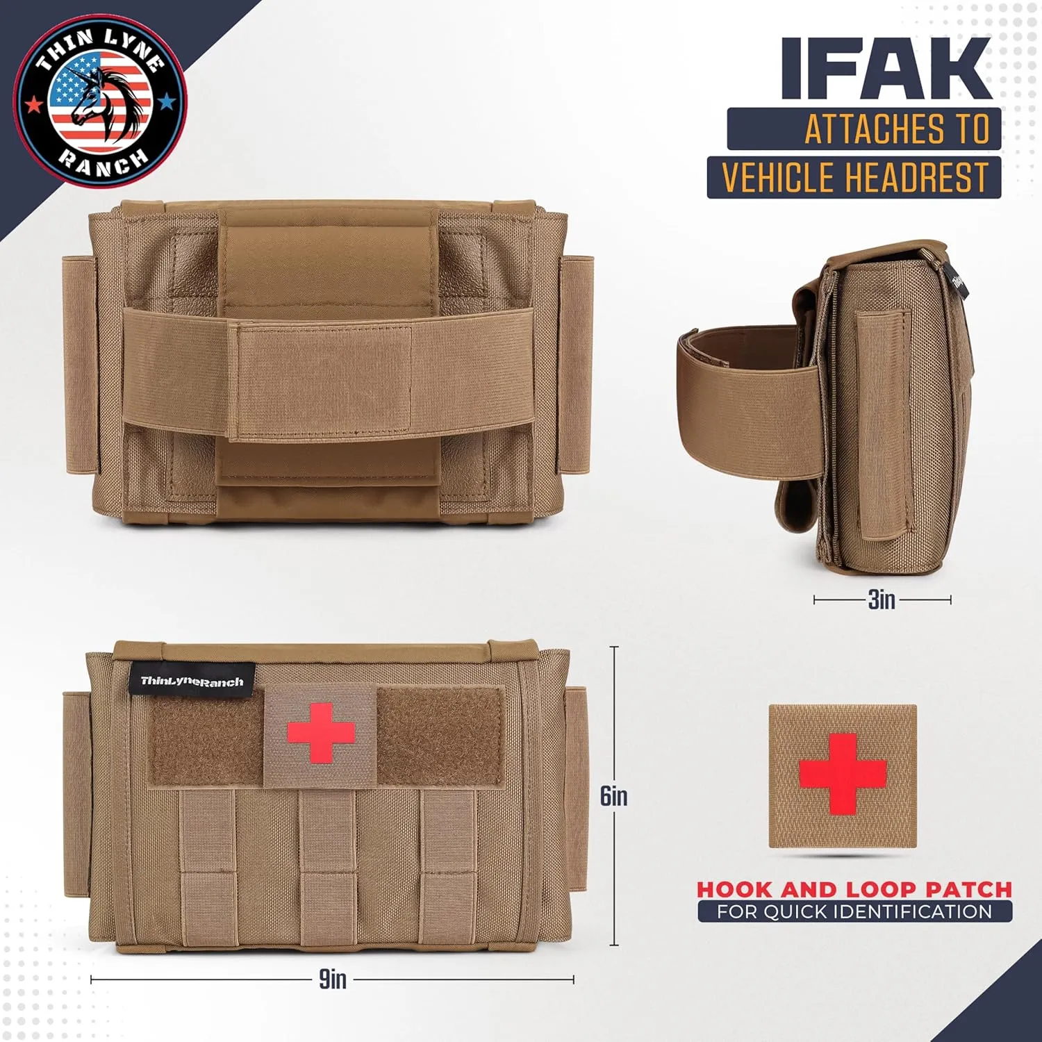 Rip Away IFAK Pouch - Tactical Vehicle Headrest Trauma Kit for First Responders - Molle Pouch with Tourniquet Holder - Essential First Aid for Outdoors - Durable Rip Away Design (Tan)
