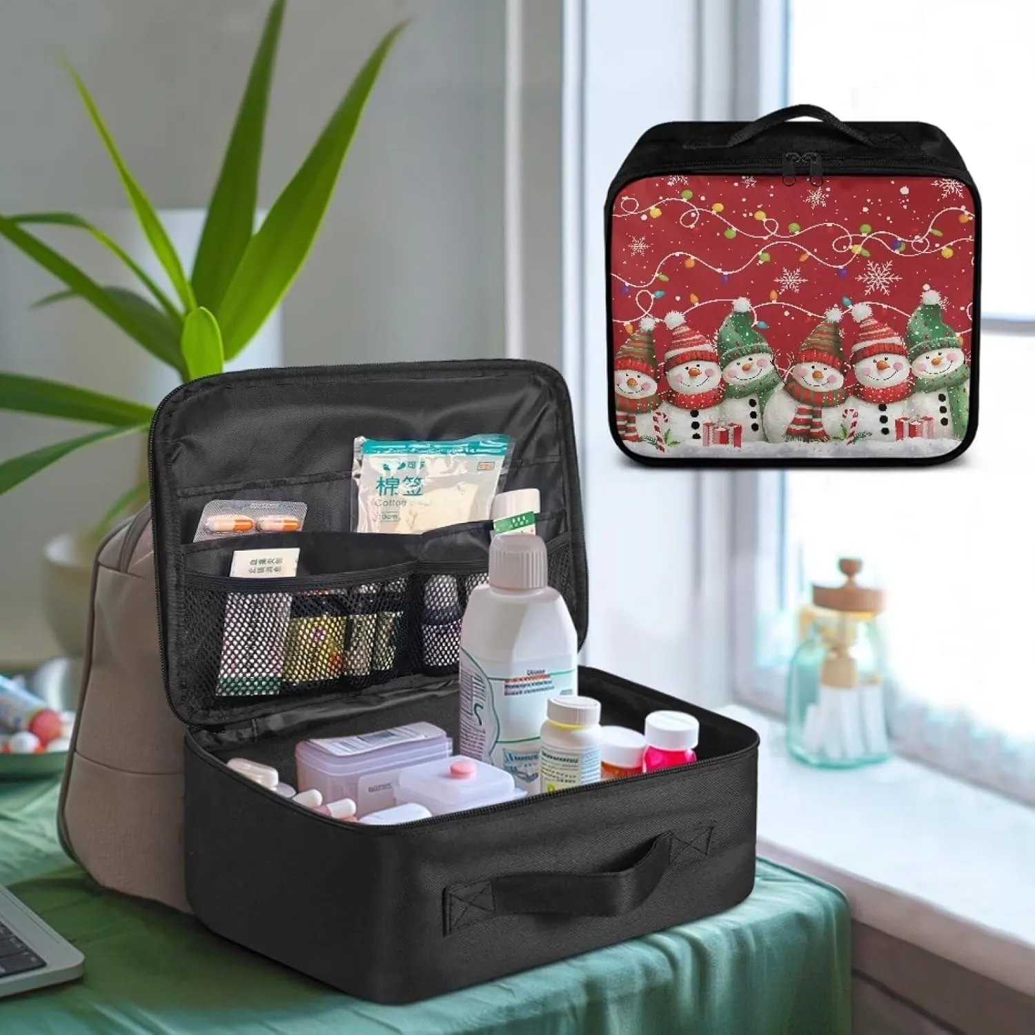 Rnyleeg Christmas First Aid Bag for Home First Aid Kit for Car Cute Snowman Colorful Light Print Medical Kit Portable Medical Trauma Bag