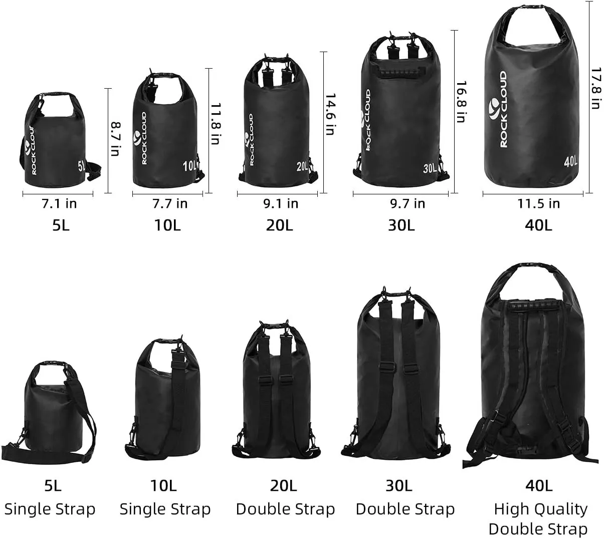 ROCK CLOUD Dry Bag Waterproof 40L Dry Sack for Kayaking Rafting Boating Beach Surfing Swimming Canoe Camping Hiking Fishing Ski, Black