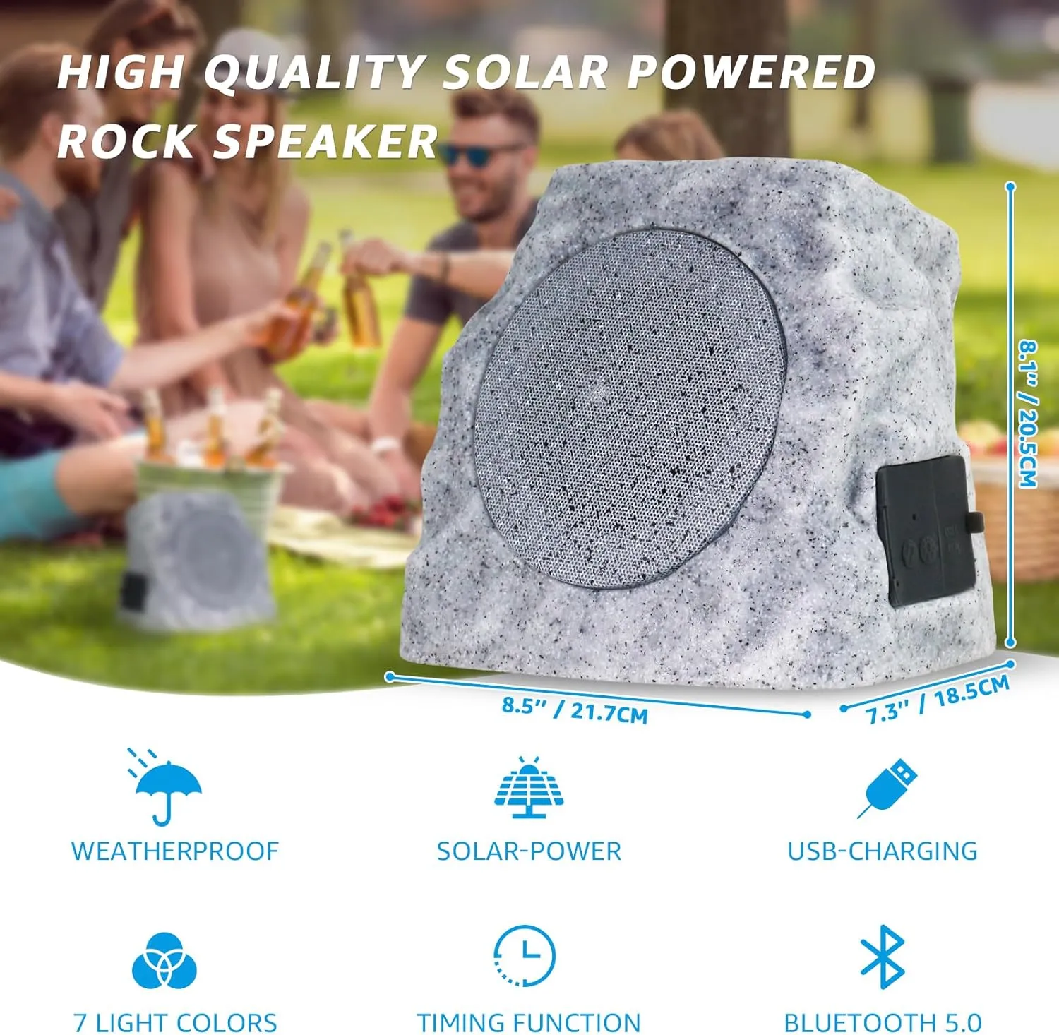 Rock Speakers Outdoor Waterproof Bluetooth Wireless Solar Powered Rock Speakers Rechargeable Battery 2 Pack with 7 Colors and TWS Pair Function for Garden Patio Party Pool(Two)