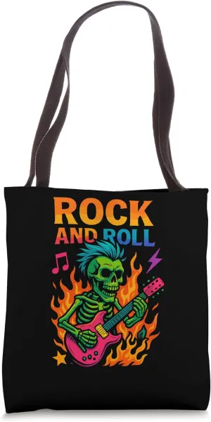 Rocking Skeleton with Guitar Fire and Punk Hairstyle Design Tote Bag