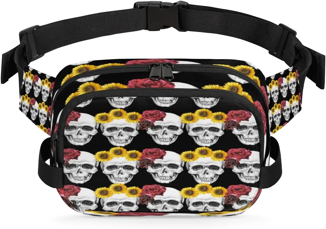 Rose Sunflower Skulls Waterproof Fanny Pack for Women Men Adjustable Waist Bag with Double Zipper Pockets Lightweight Square Hip Pack for Running Travel Hiking Workout Cycling