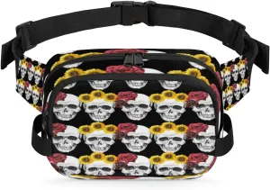 Rose Sunflower Skulls Waterproof Fanny Pack for Women Men Adjustable Waist Bag with Double Zipper Pockets Lightweight Square Hip Pack for Running Travel Hiking Workout Cycling