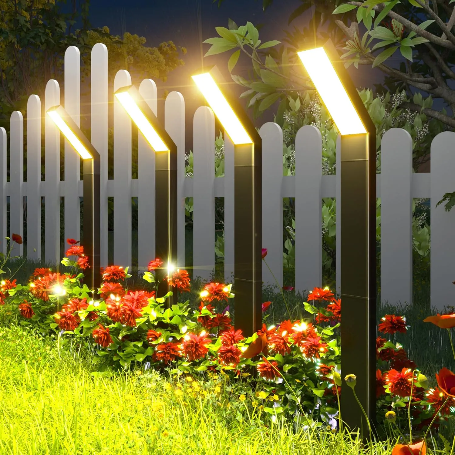 ROSHWEY Solar Pathway Lights Outdoor - 4 Pack Solar Garden Lights Waterproof Bright Landscape Lighting for Outside Yard Path Driveway Walkway Sidewalk Patio Lawn Decoration, Cool/Warm/Neutral Light
