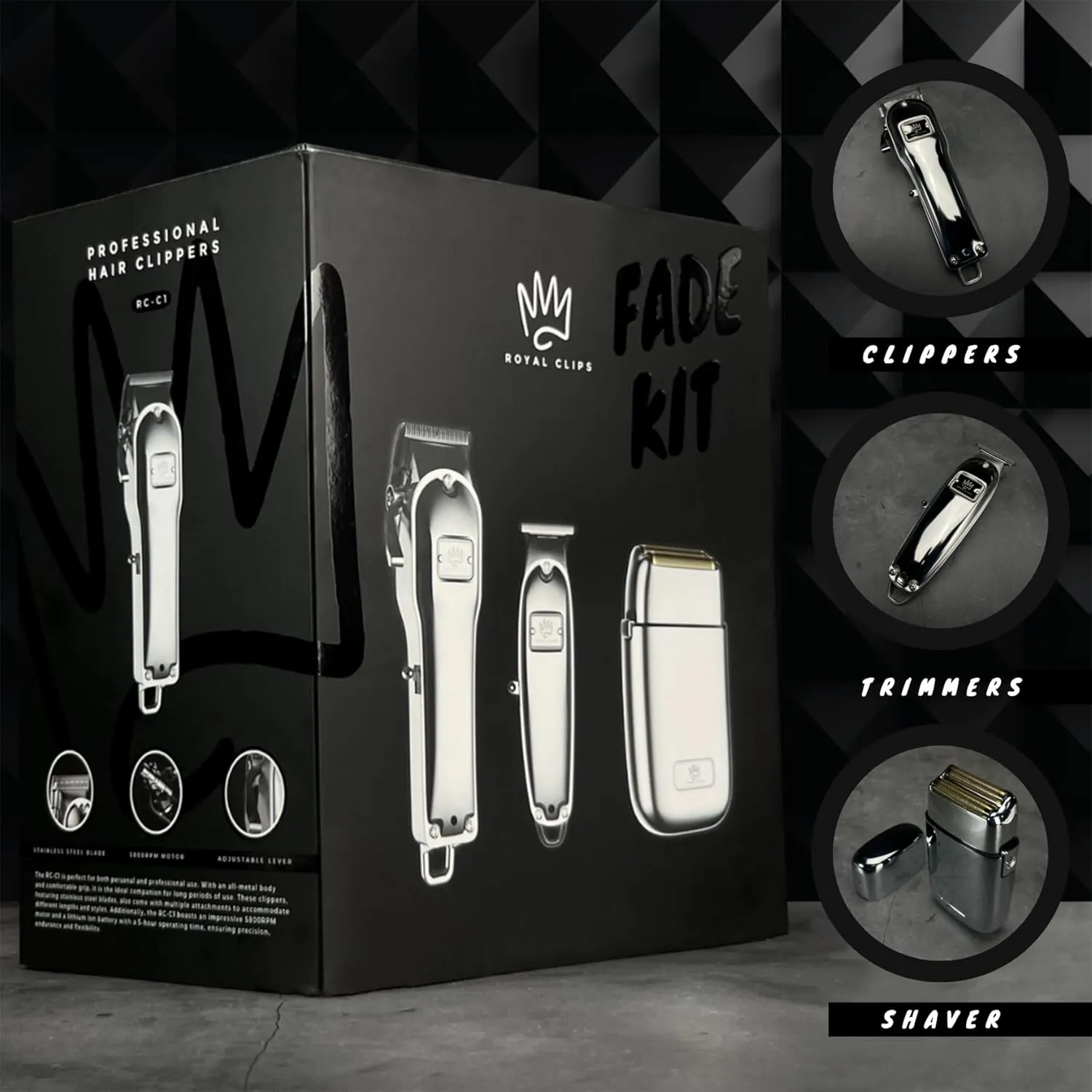 Royal Clips Hair and Beard Fade Kit 2.0 – Professional Clipper, Trimmer & Foil Shaver Bundle for Men, Complete Haircut Set for Barbers, Home Use & Grooming – 5-Hour Battery, 10pcs Limit Combs, Silver