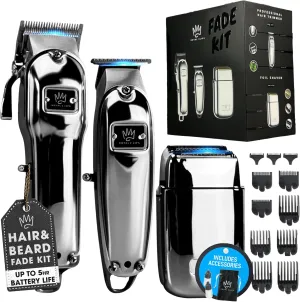 Royal Clips Hair and Beard Fade Kit 2.0 – Professional Clipper, Trimmer & Foil Shaver Bundle for Men, Complete Haircut Set for Barbers, Home Use & Grooming – 5-Hour Battery, 10pcs Limit Combs, Silver