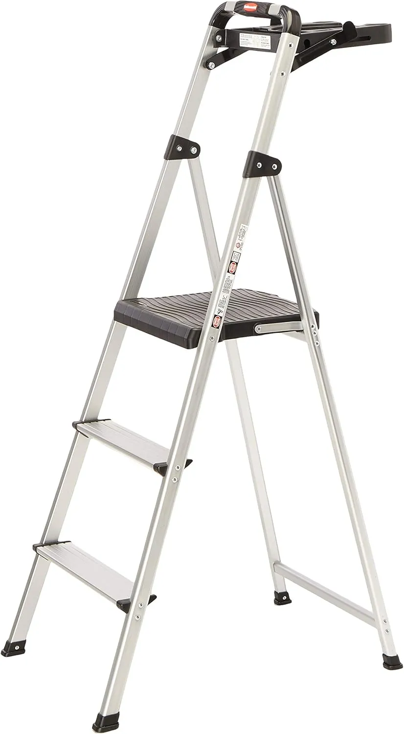 Rubbermaid 3-Step Ladder, Aluminum Lightweight Folding Step Ladder with Project Tray, Silver, Tested to US Safety Standards, No Assembly Required