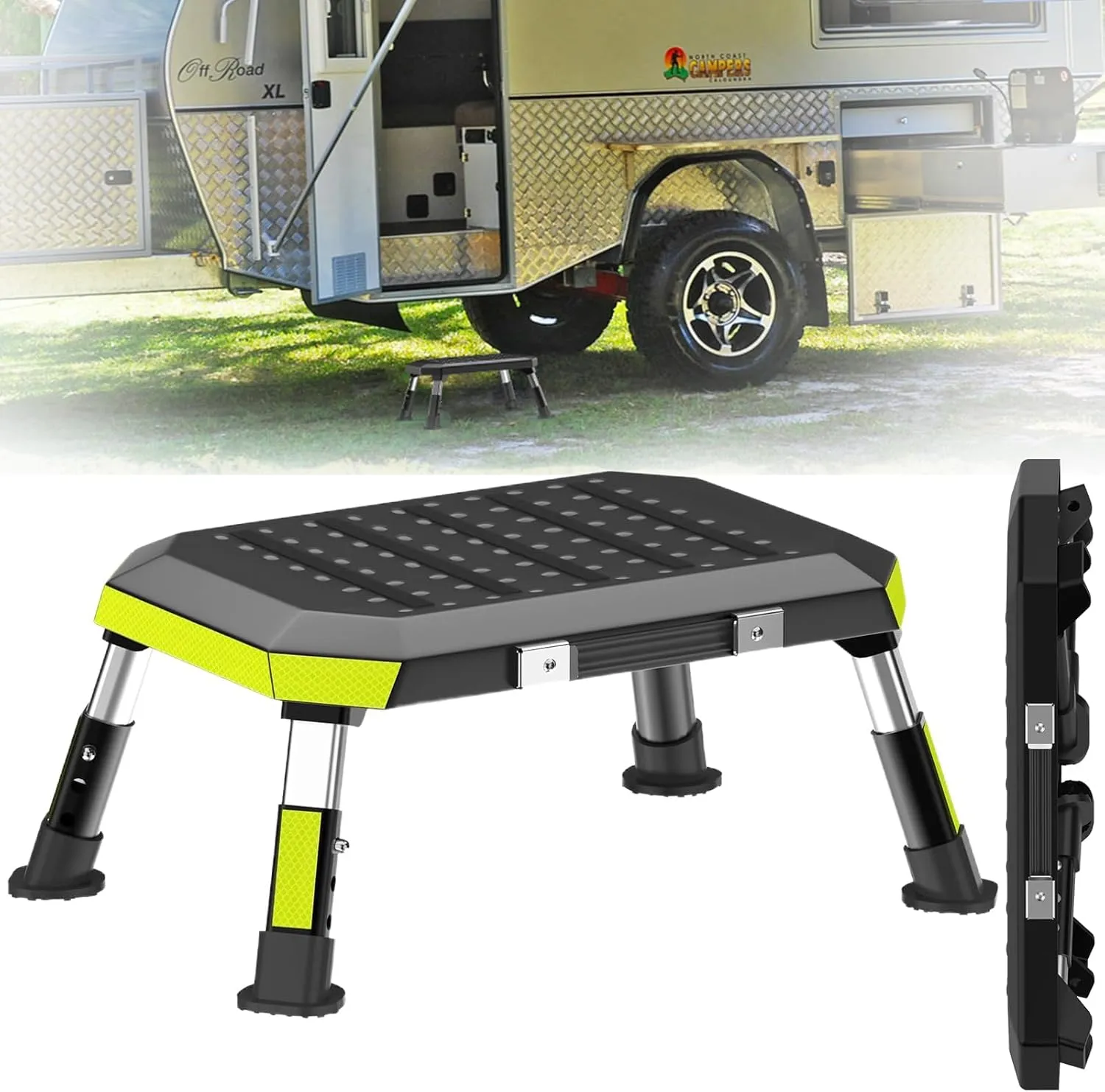 RV Steps，Adjustable Height Foldable Step Stool with Non-Slip Rubber Feet Aluminum RV Step, Stable Camper Steps Portable Handle, Reflective Tapes, Easy to Carry Supports Up to 1000lbs (Black)