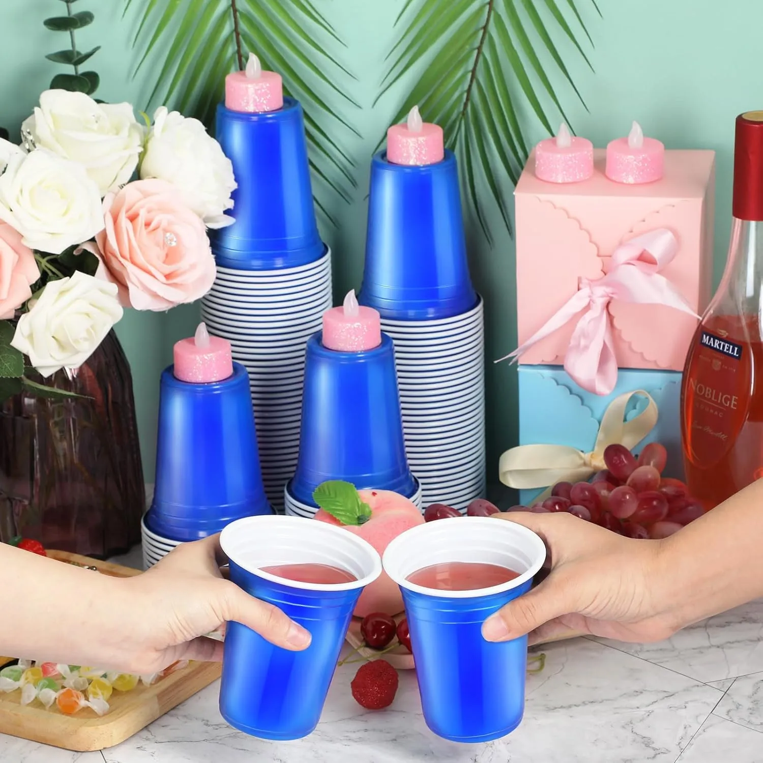 Sabary 100 Pack 12oz Plastic Cups Graduation Heavy Duty Drinking Disposable Cups with Lines for Beverage Holiday Camping Barbecues Birthday Party Outdoor Picnic(Blue)
