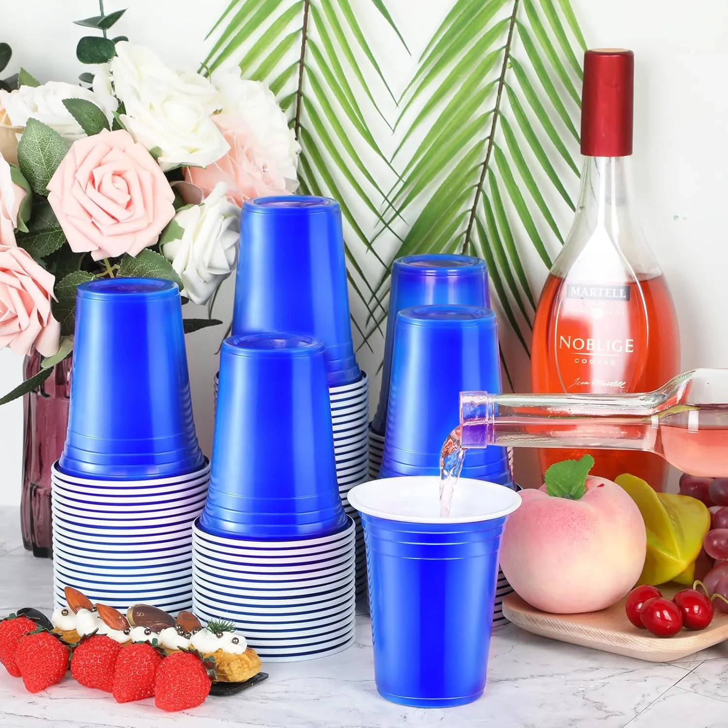 Sabary 100 Pack 12oz Plastic Cups Graduation Heavy Duty Drinking Disposable Cups with Lines for Beverage Holiday Camping Barbecues Birthday Party Outdoor Picnic(Blue)
