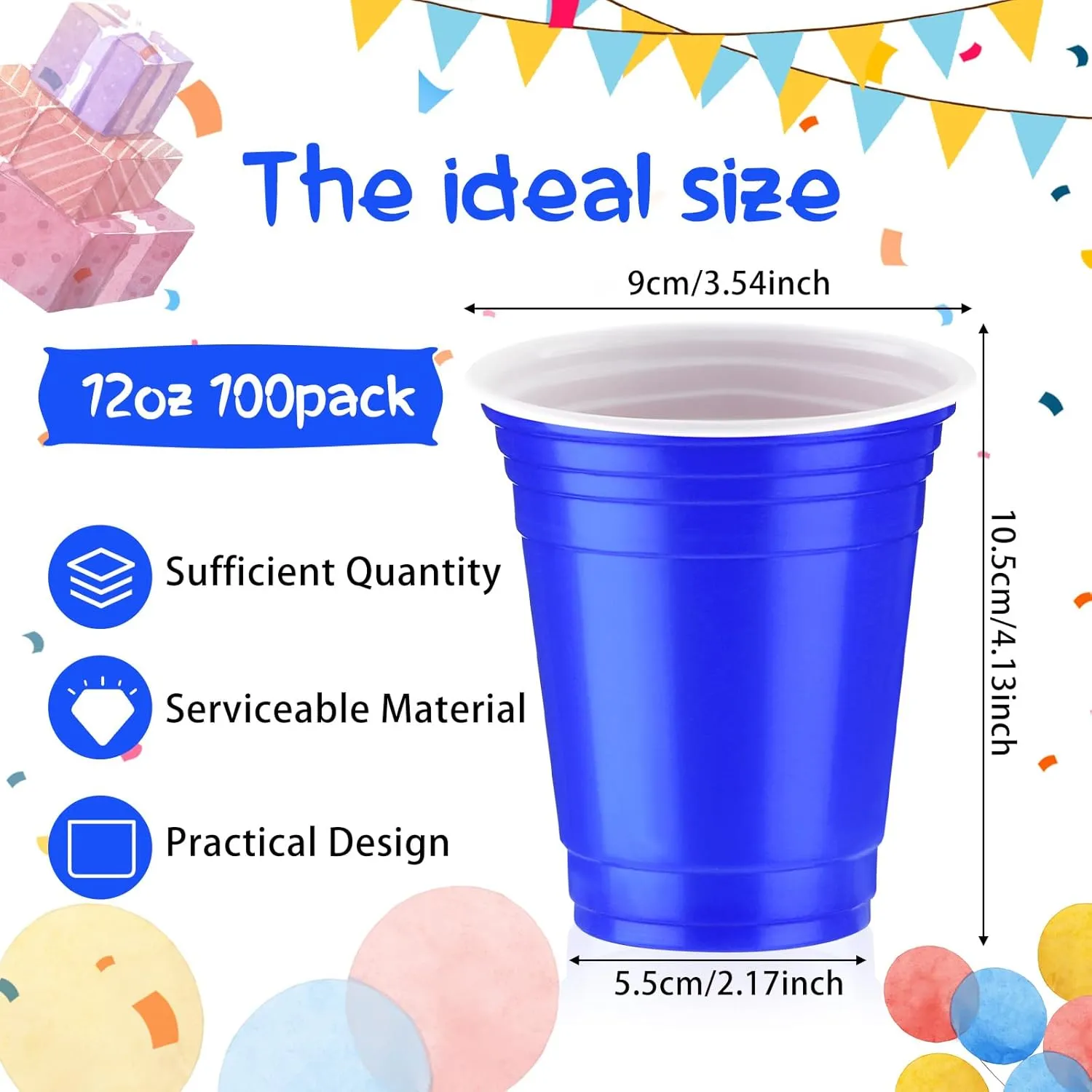 Sabary 100 Pack 12oz Plastic Cups Graduation Heavy Duty Drinking Disposable Cups with Lines for Beverage Holiday Camping Barbecues Birthday Party Outdoor Picnic(Blue)