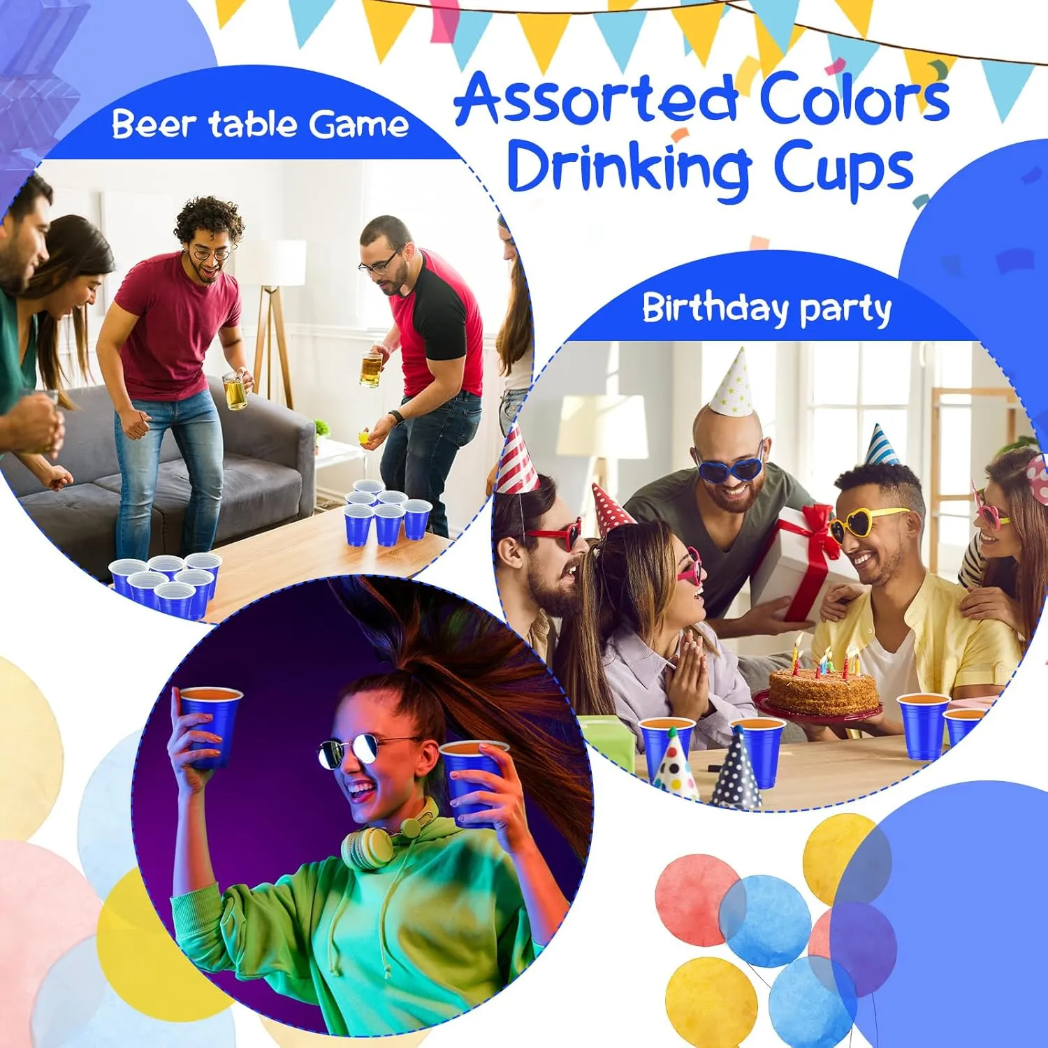 Sabary 100 Pack 12oz Plastic Cups Graduation Heavy Duty Drinking Disposable Cups with Lines for Beverage Holiday Camping Barbecues Birthday Party Outdoor Picnic(Blue)