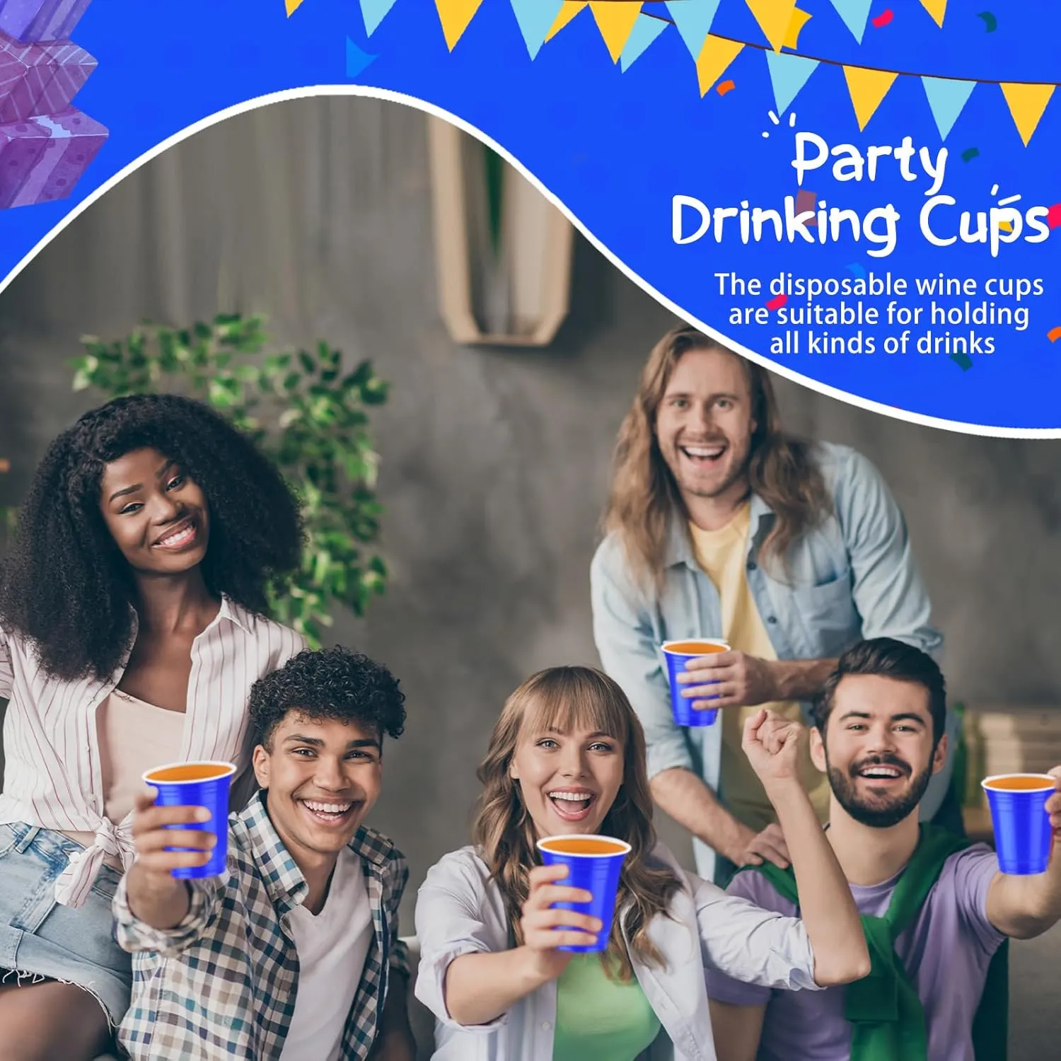 Sabary 100 Pack 12oz Plastic Cups Graduation Heavy Duty Drinking Disposable Cups with Lines for Beverage Holiday Camping Barbecues Birthday Party Outdoor Picnic(Blue)