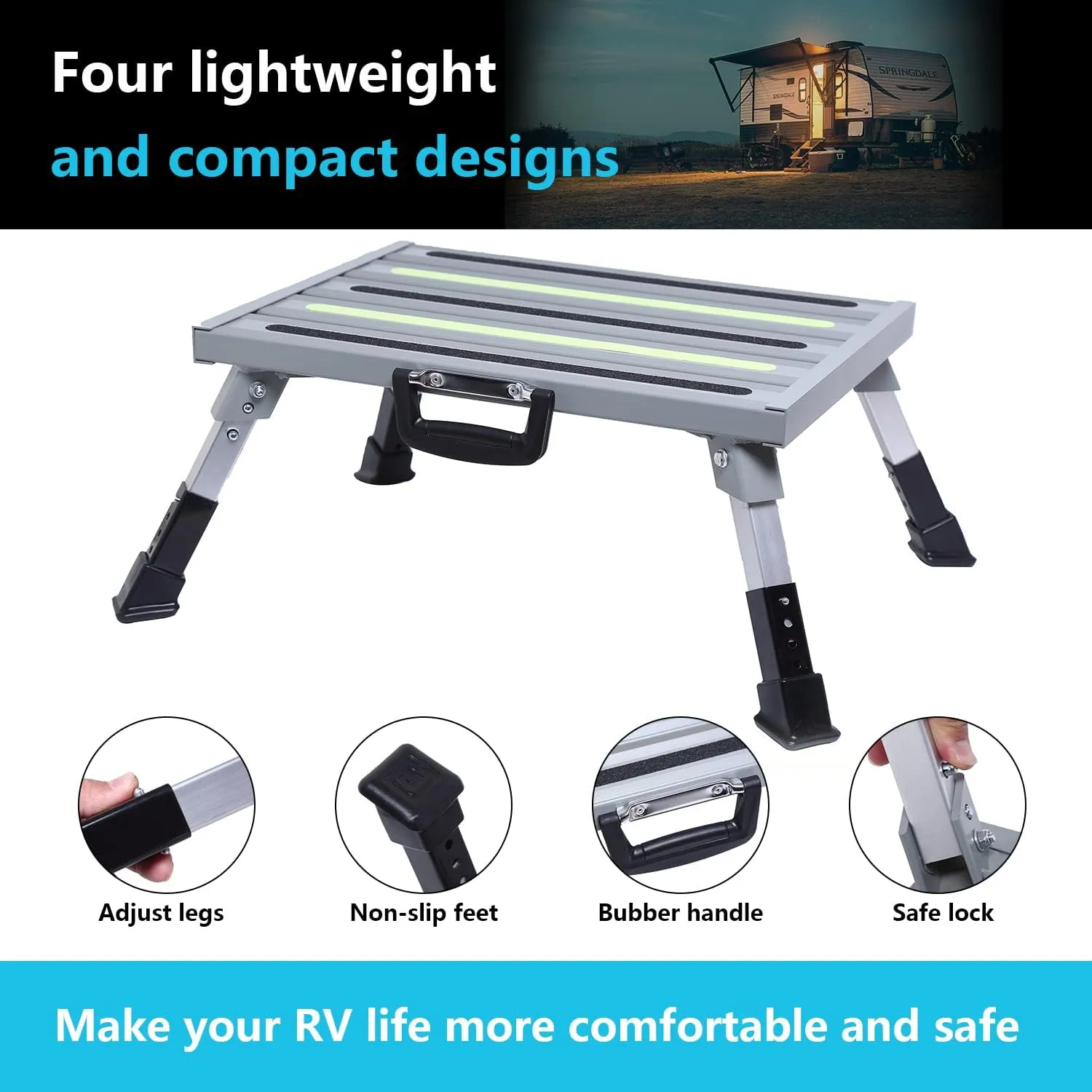 Safety RV Steps,Large RV Step Stool Adjustable Aluminum Folding Platform Step with Non-Slip Rubber Feet and Luminous Tape Glow,Holds Up to 1500 lbs