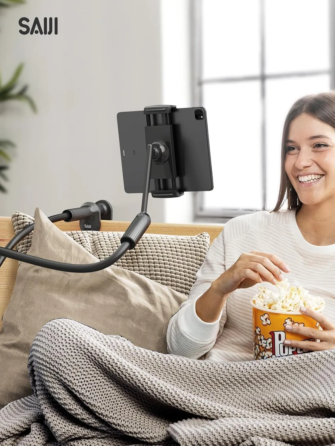 SAIJI 47" Gooseneck Kindle Holder, Tablet Holder for Bed with Upgraded Base, iPad Stand with Flexible Lazy Arm, Compatible with iPad/iPhone/Kindle/Switch or Other 4.7-13" Device (Black)
