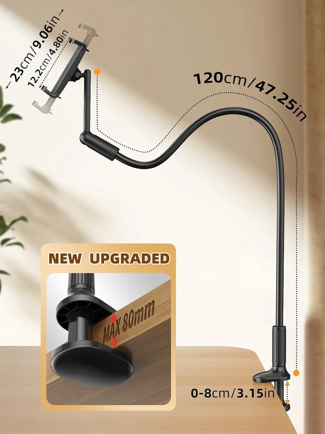 SAIJI 47" Gooseneck Kindle Holder, Tablet Holder for Bed with Upgraded Base, iPad Stand with Flexible Lazy Arm, Compatible with iPad/iPhone/Kindle/Switch or Other 4.7-13" Device (Black)