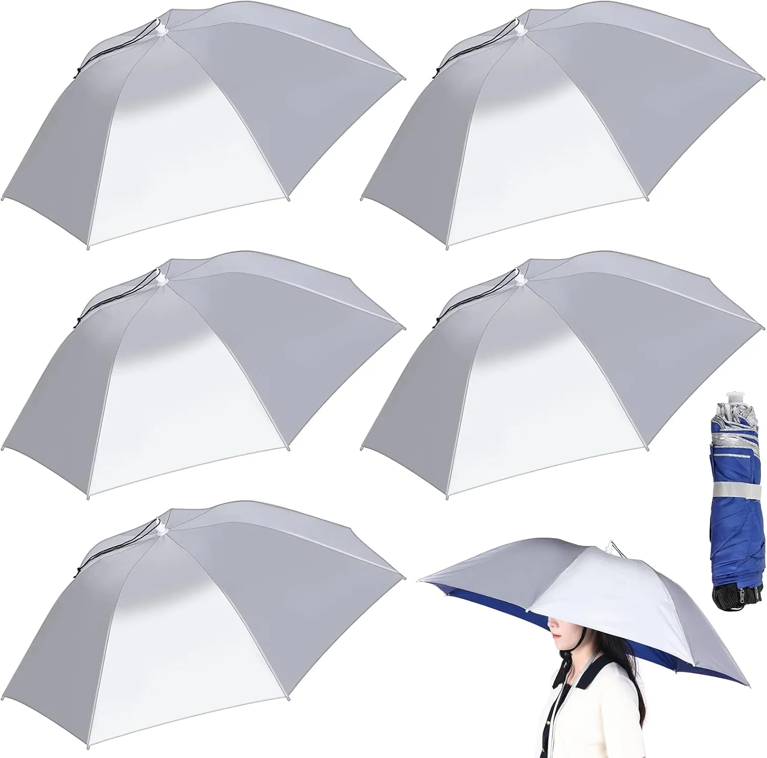 Sanwuta 5 Pcs Fishing Umbrella Hat 37 Inches Large Head Umbrella Folding Hands Free Umbrella Adjustable Elastic Wearable Umbrella for Fishing Camping Gardening Outdoor Golf