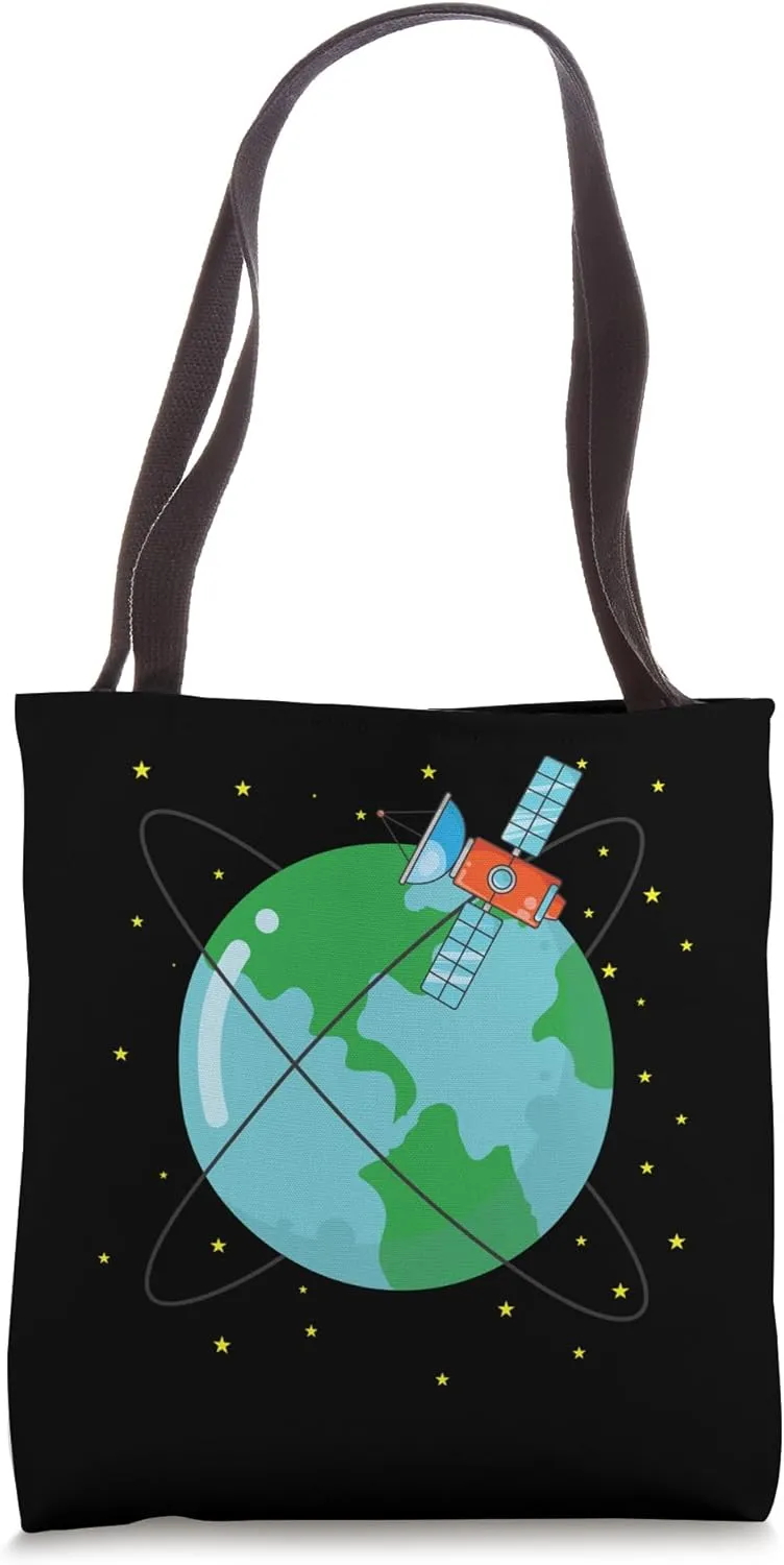 Satellite Orbiting Earth with Solar Panel Tote Bag