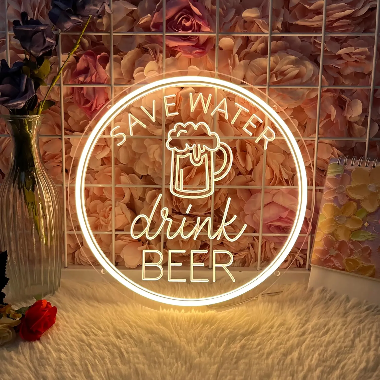Save Water Drink Beer Neon Sign Dimmable Beer Bar LED Neon Lights Signs for Wall Decor Neon Light up Sign for Bedroom Man Cave Home Coffee Bar Wedding Birthday Party Save Water Drink Sign 30cm*30cm