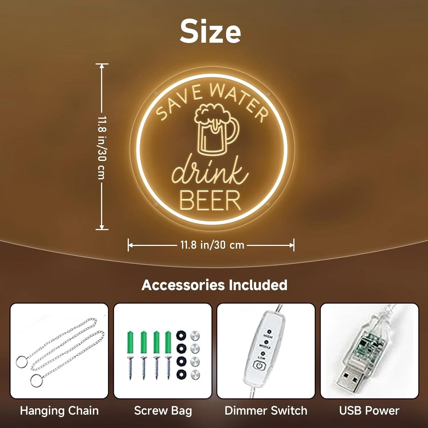 Save Water Drink Beer Neon Sign Dimmable Beer Bar LED Neon Lights Signs for Wall Decor Neon Light up Sign for Bedroom Man Cave Home Coffee Bar Wedding Birthday Party Save Water Drink Sign 30cm*30cm