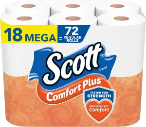 Scott Comfort Plus Toilet Paper, 1-Ply, White, 462 Sheets/Roll, 18 Mega Rolls/Pack (49729)
