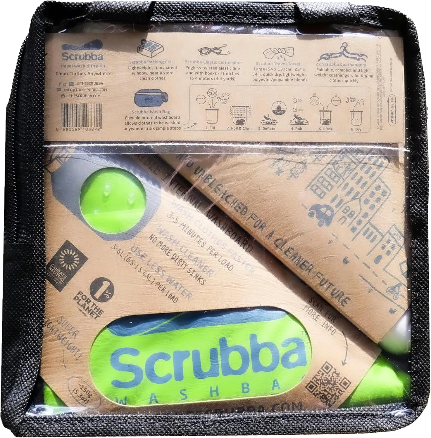 Scrubba Portable Wash Bag Kit (5 Pieces) - Hand Washing Machine System - Light & Small Portable Washer for Travel, Camping, Hiking & Hotel Room Washing – Eco-friendly Travel Laundry Essentials
