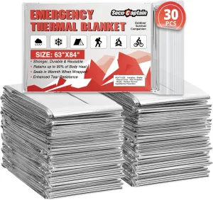 SecuCaptain Survival Emergency Thermal Blankets: Extra Large 84” x63” Space Mylar Blanket Kit for Outdoor Cold Winter Camping Hiking Car Bug Out Bag or First Aid - 30 Pack
