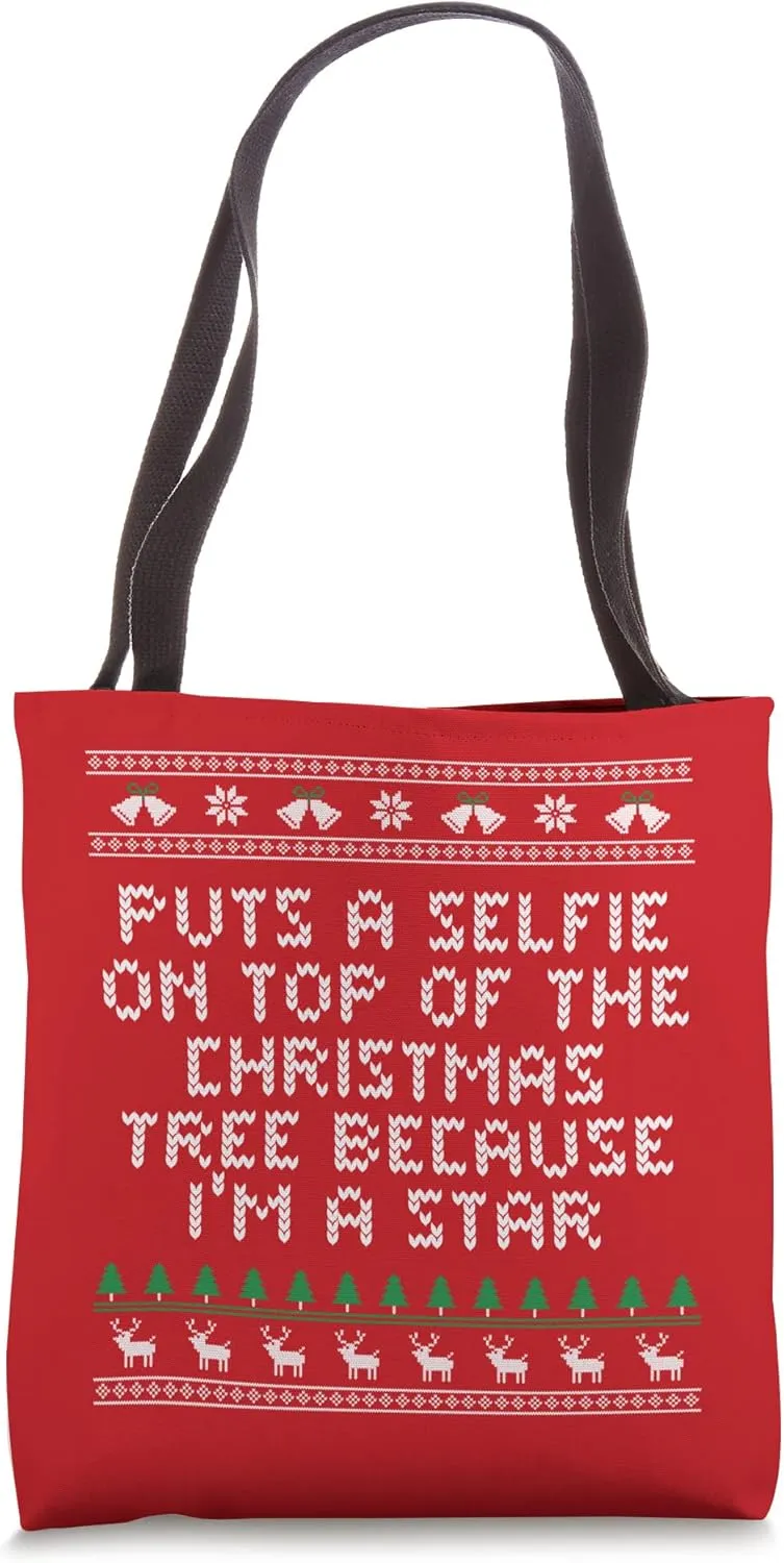 Selfie on Top of the Christmas Tree Funny Selfish Humor Tote Bag