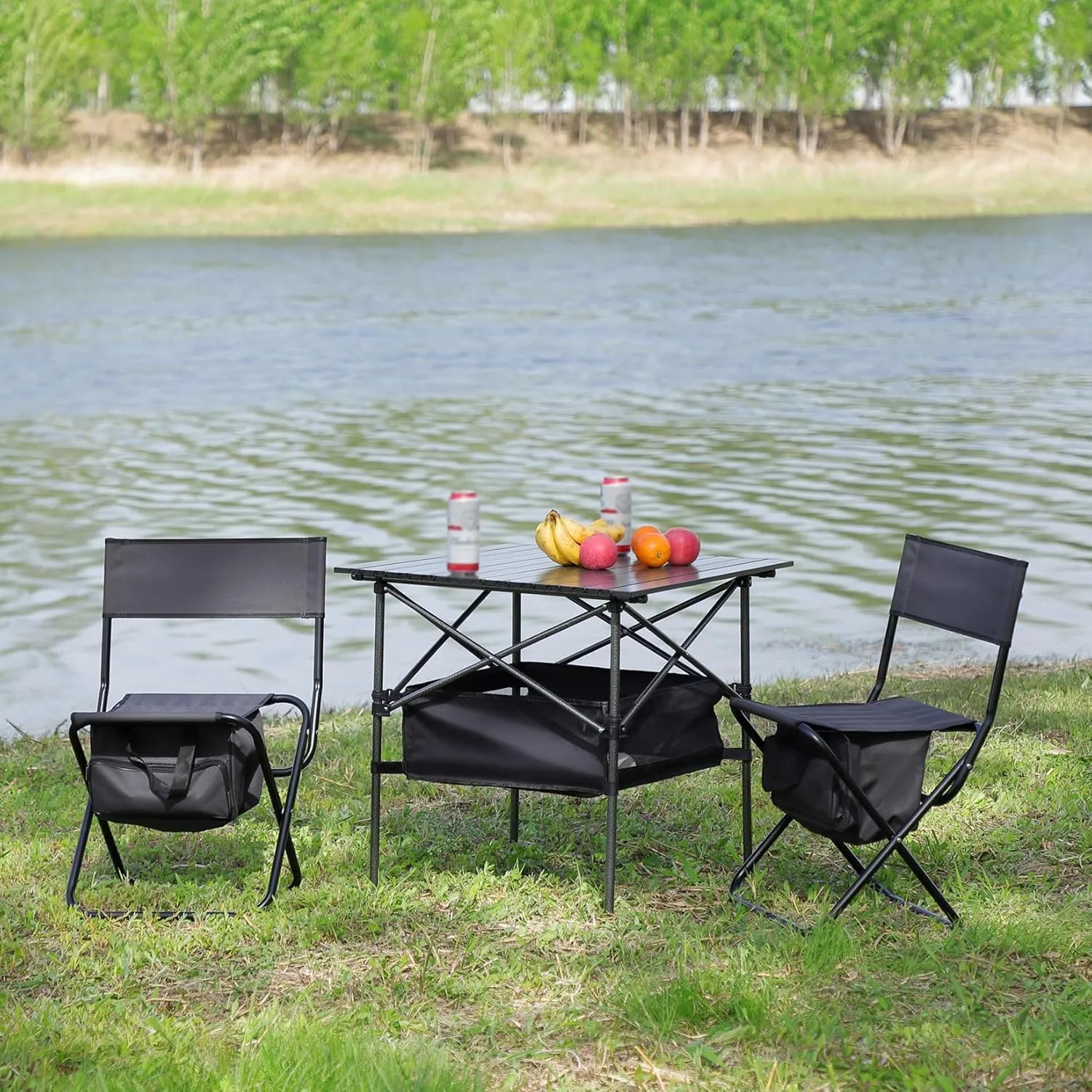 Set of 3, Outdoor Folding Camping Table and Chairs Set, Lightweight Aluminum Roll-up Square Folding Table and Chairs Set for Indoor Outdoor Camping Picnics Beach Backyard BBQ Party Patio, Grey