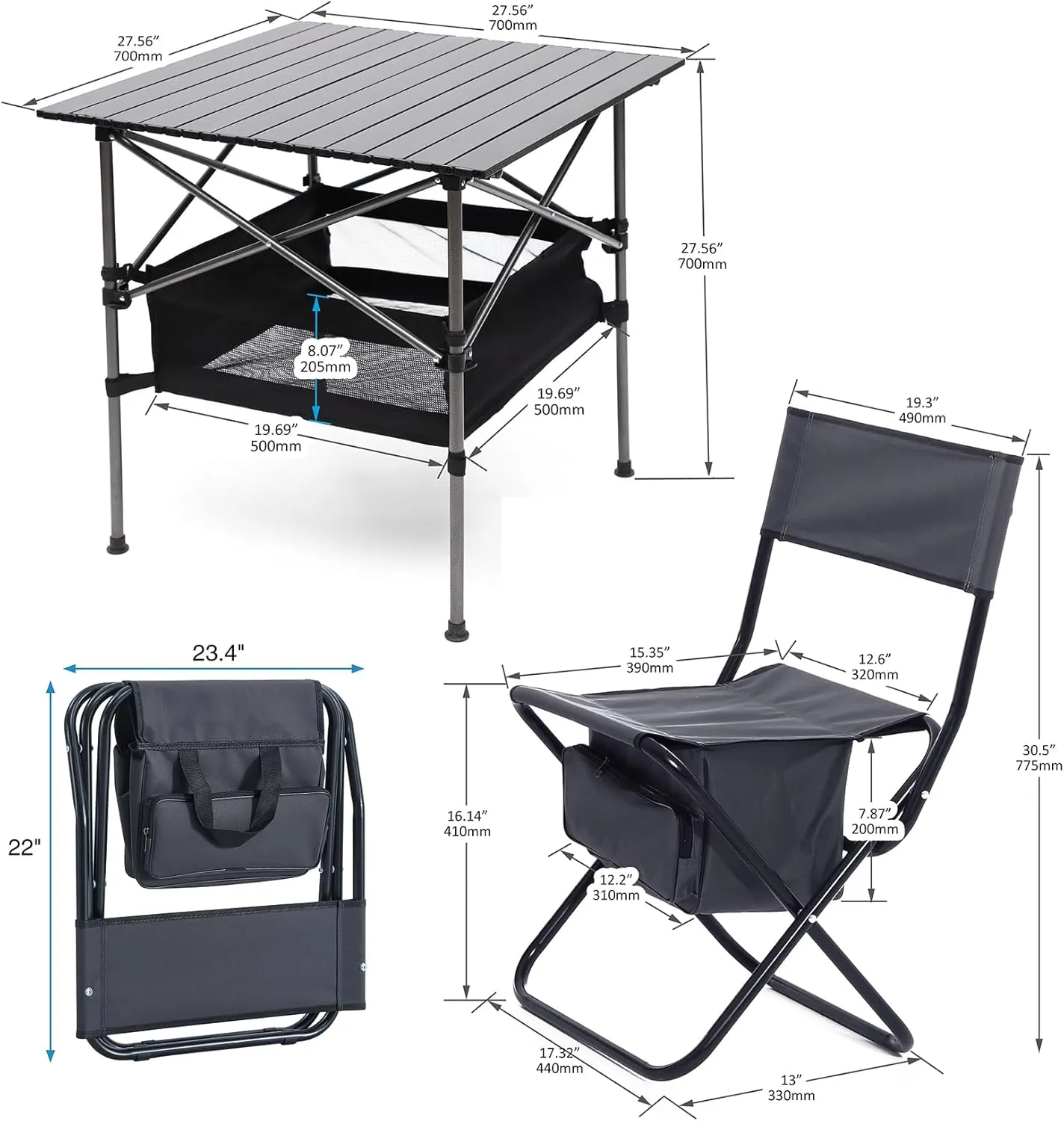 Set of 3, Outdoor Folding Camping Table and Chairs Set, Lightweight Aluminum Roll-up Square Folding Table and Chairs Set for Indoor Outdoor Camping Picnics Beach Backyard BBQ Party Patio, Grey