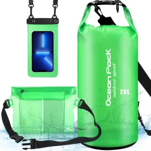 Set of 3 Waterproof Dry Bag - 20L Lightweight Dry Sack with Waterproof Waist Pouch & Phone Case, Dry Storage Bag Backpack for Kayaking, Beach, Surfing, Swimming and Beach,Green