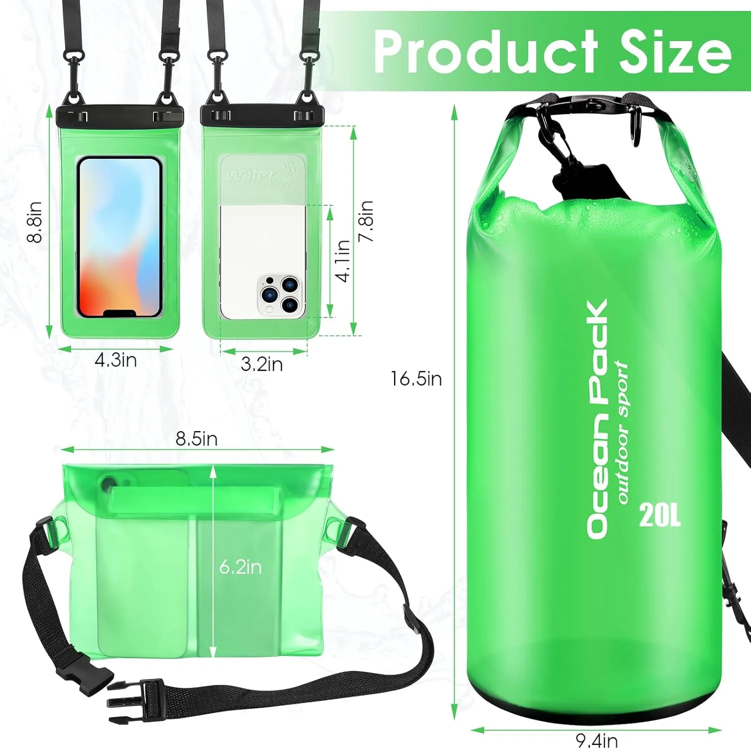 Set of 3 Waterproof Dry Bag - 20L Lightweight Dry Sack with Waterproof Waist Pouch & Phone Case, Dry Storage Bag Backpack for Kayaking, Beach, Surfing, Swimming and Beach,Green