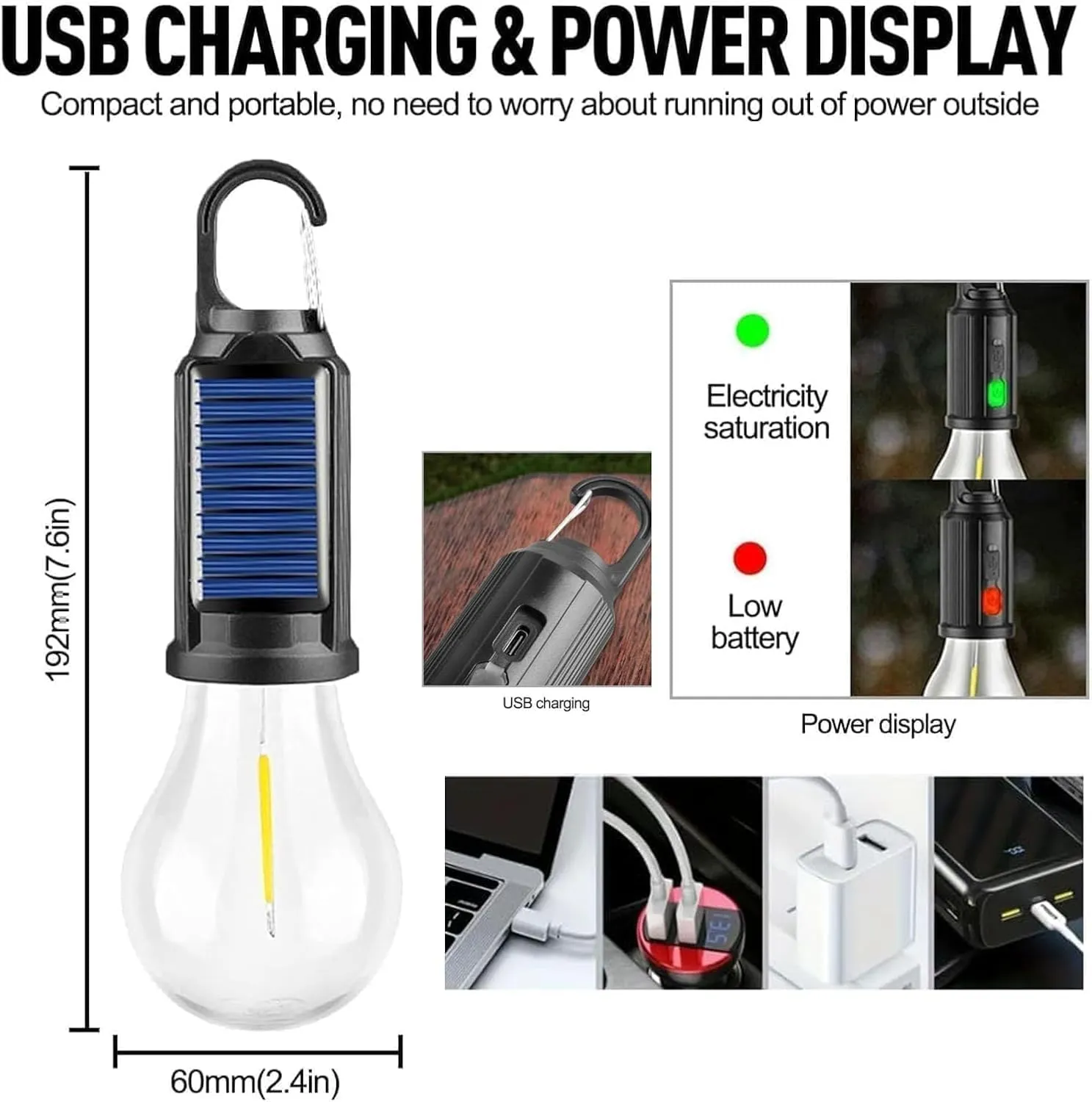 Shineshore Solar Rechargeable Hooked Camping Light, Solar Tent Lights USB Rechargeable Camping Lights, Portable Outdoor Tent Lights with Clip Hook (3Pcs, C)