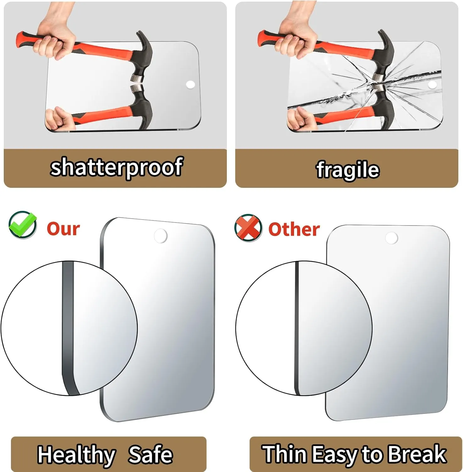 Shower Mirror for Shaving, Larger 11 x 8 Inches Mirror for Wall Hanging Kids Safety, Frameless Portable Travel Camping Mirrors, Unbreakable Handheld Locker Shave Mirrors, Makeup Plastic, Bathroom